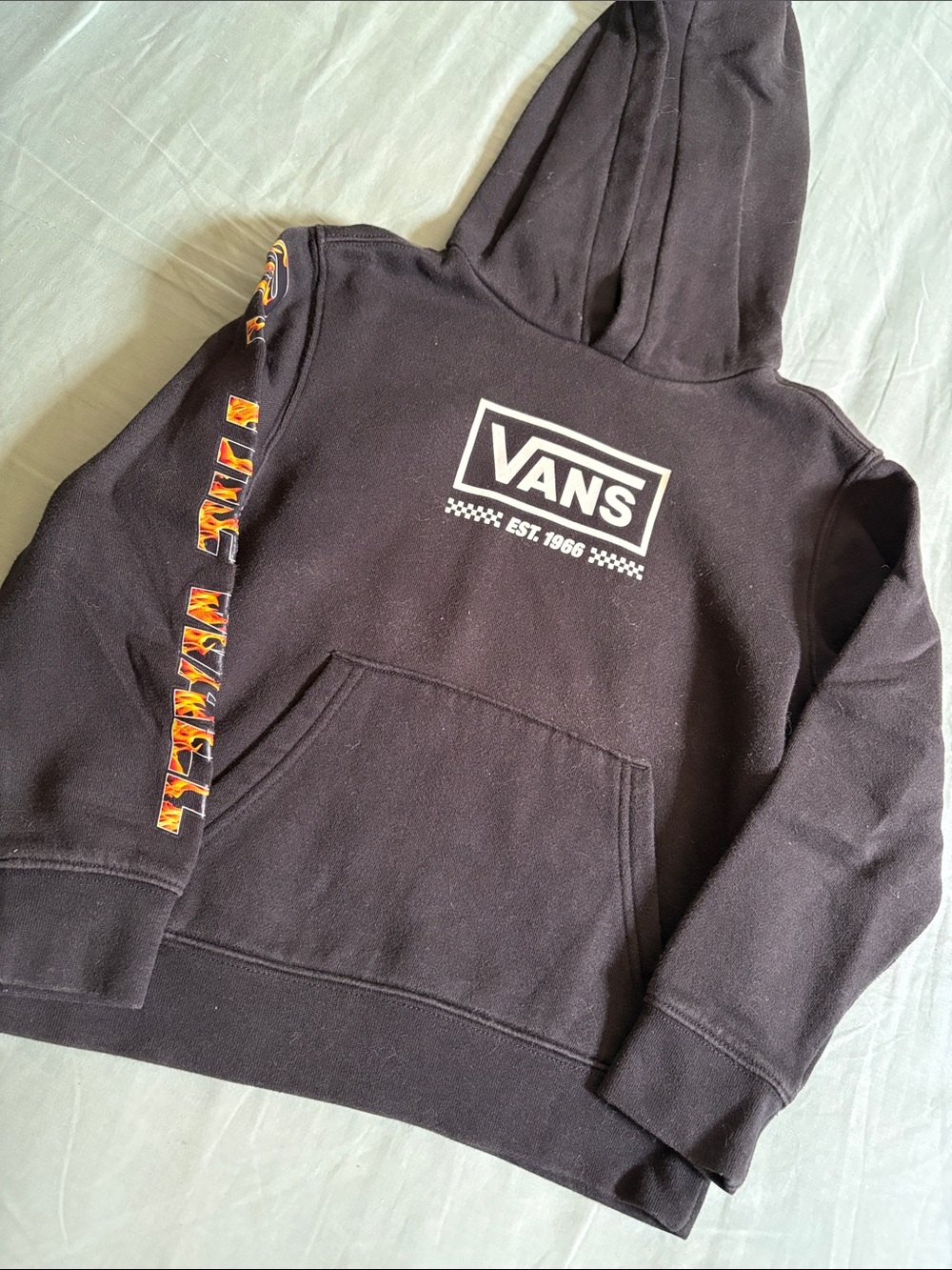 Vans Black Hoodie with White Logo and Orange Flame Accent